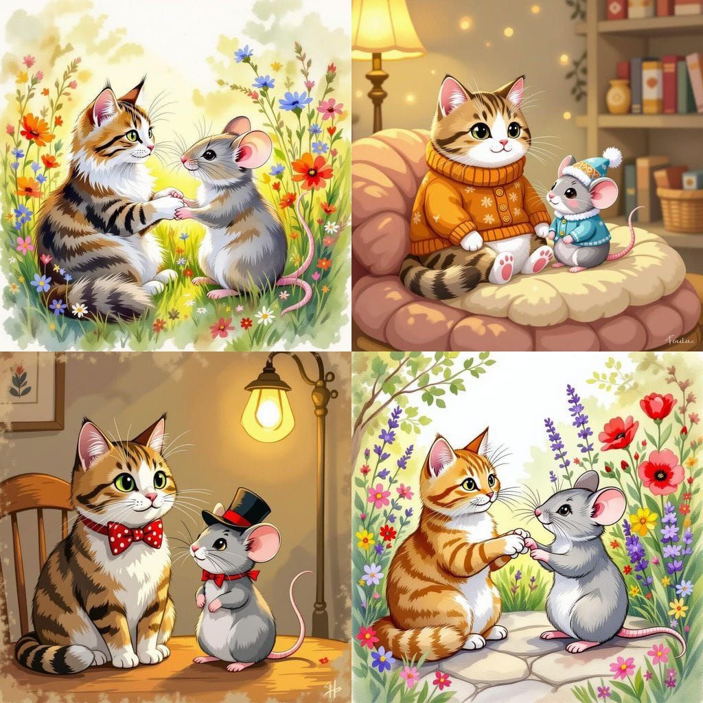 Cat and Mouse Friends in Whimsical Illustration