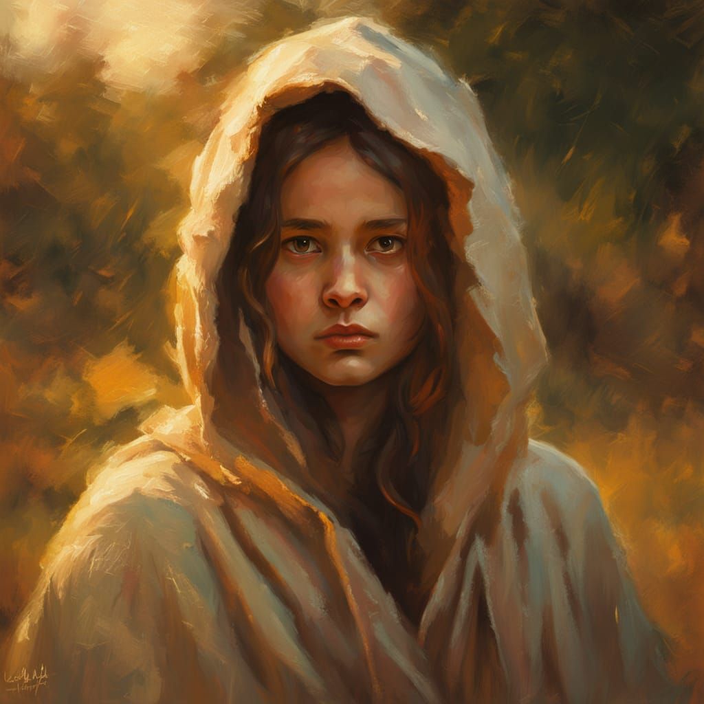 Grumpy Chick in Hooded Cloak, Impressionist Oil Painting