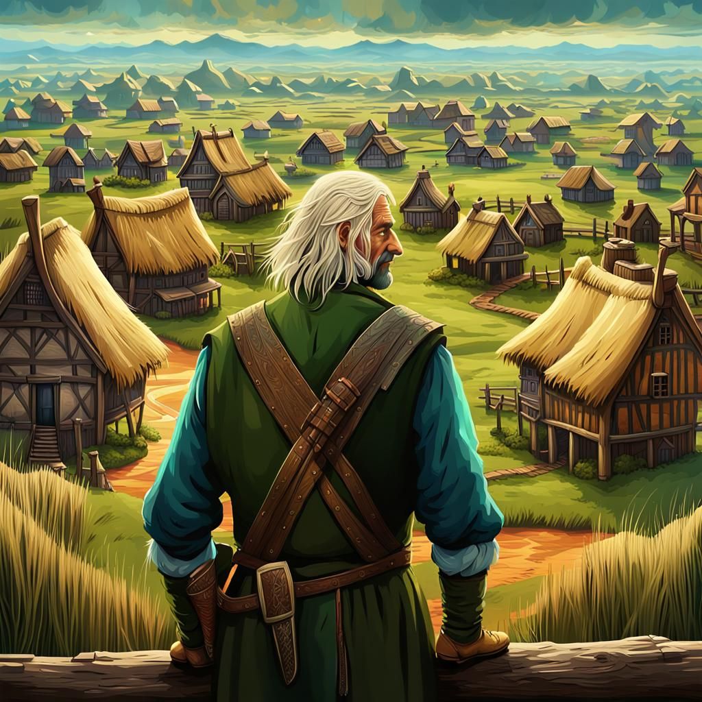 Happy Medieval Mayor Overlooking Village