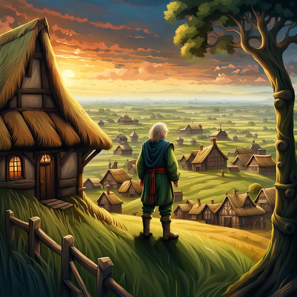 Happy Medieval Mayor Surveys Village in Digital Painting