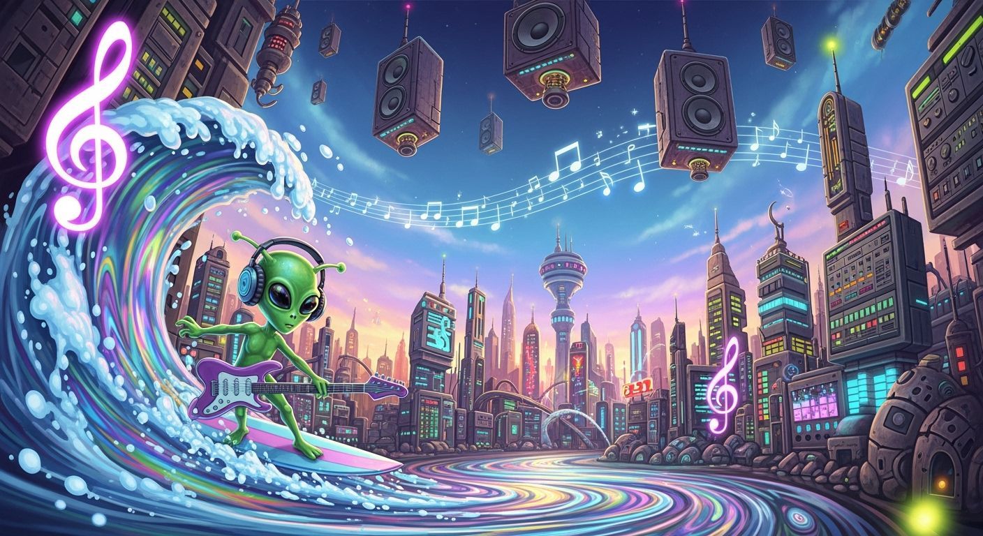 Alien Surfing Psychedelic LSD Wave in Fractal City