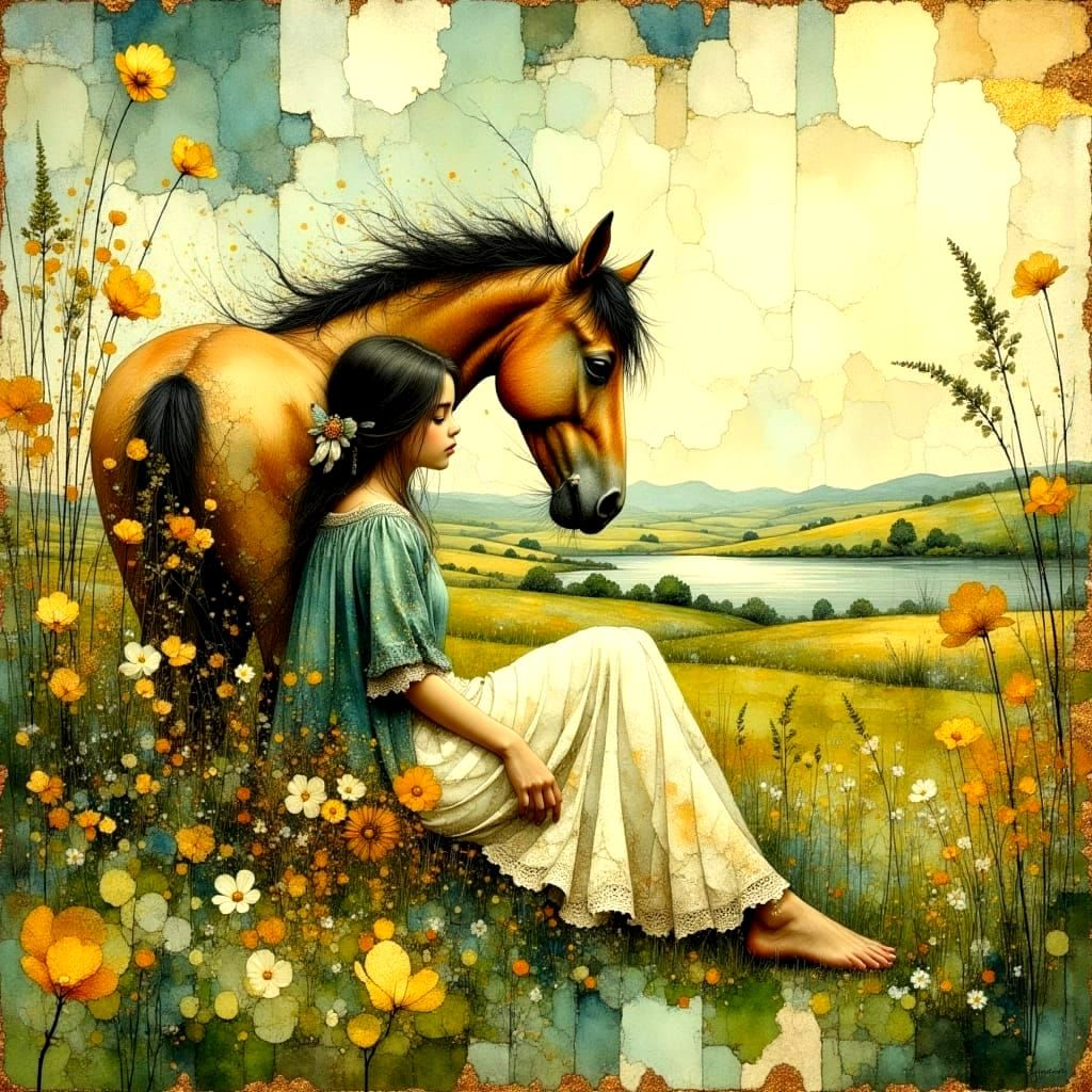 Girl with Horse in Rustic Impressionistic Impasto Style