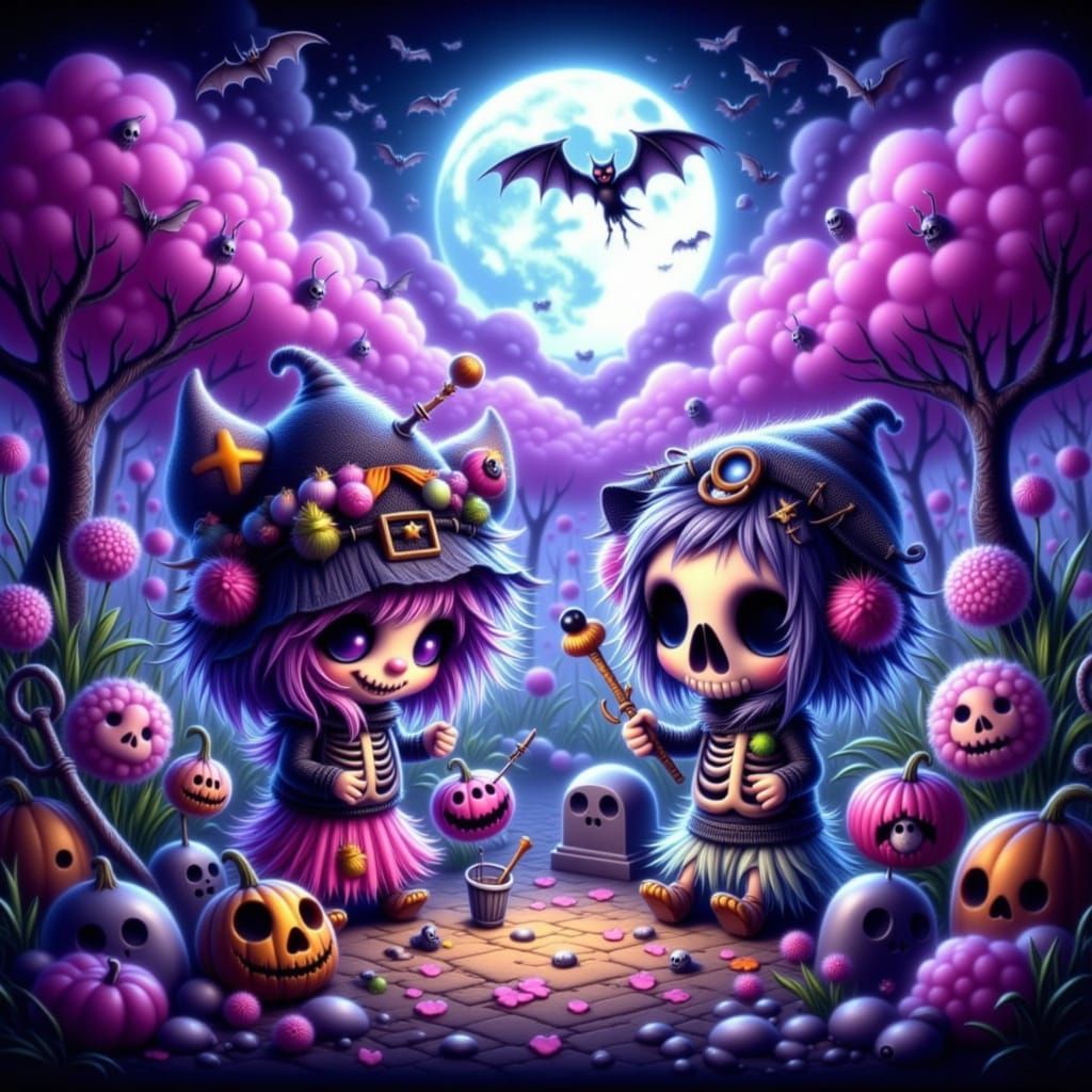 Chibi Skeletons Laughing in Spooky Graveyard CGI