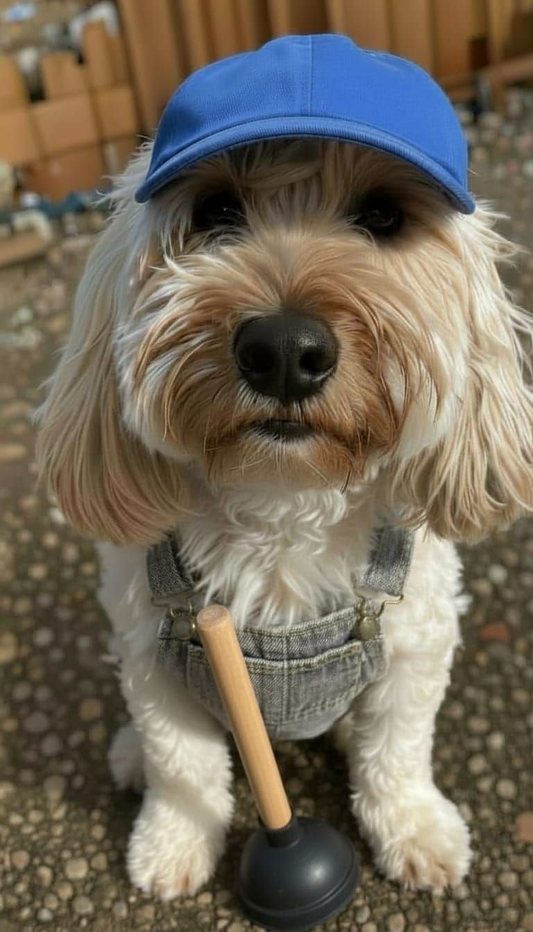 Photo-Realistic Dog Plumber in Builder's Yard