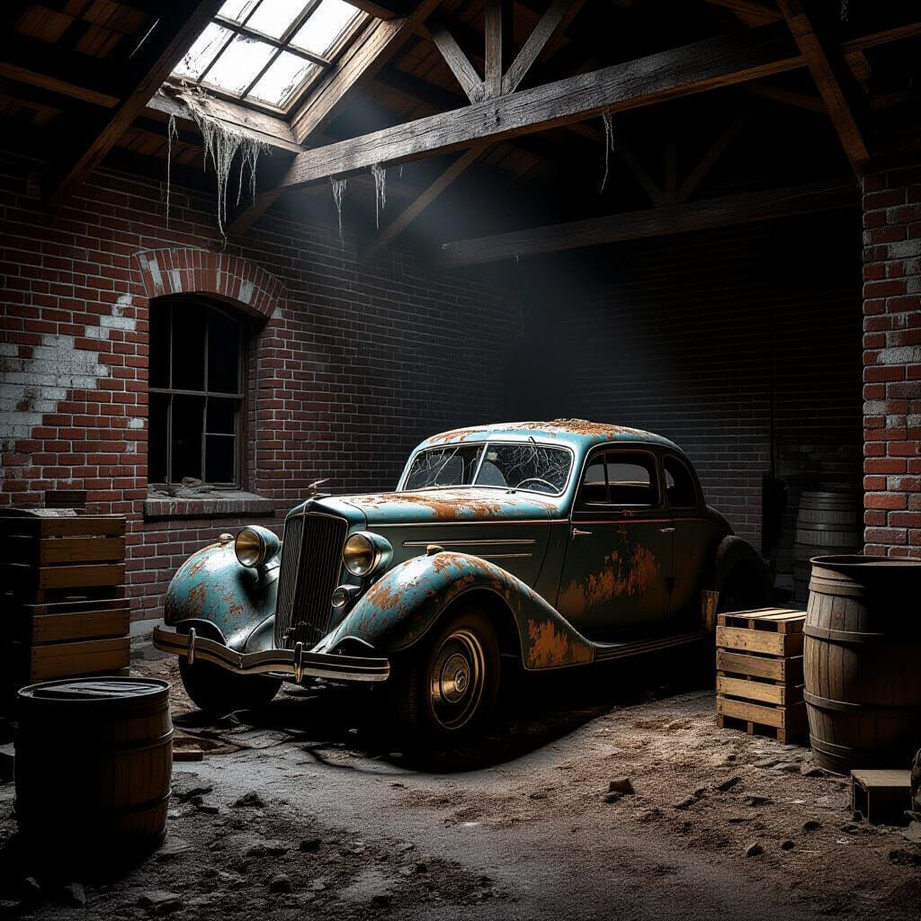 Vintage Car in Dusty Abandoned Garage Digital Painting