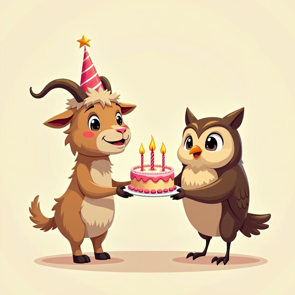Cartoon Goat Celebrates Owl's Birthday