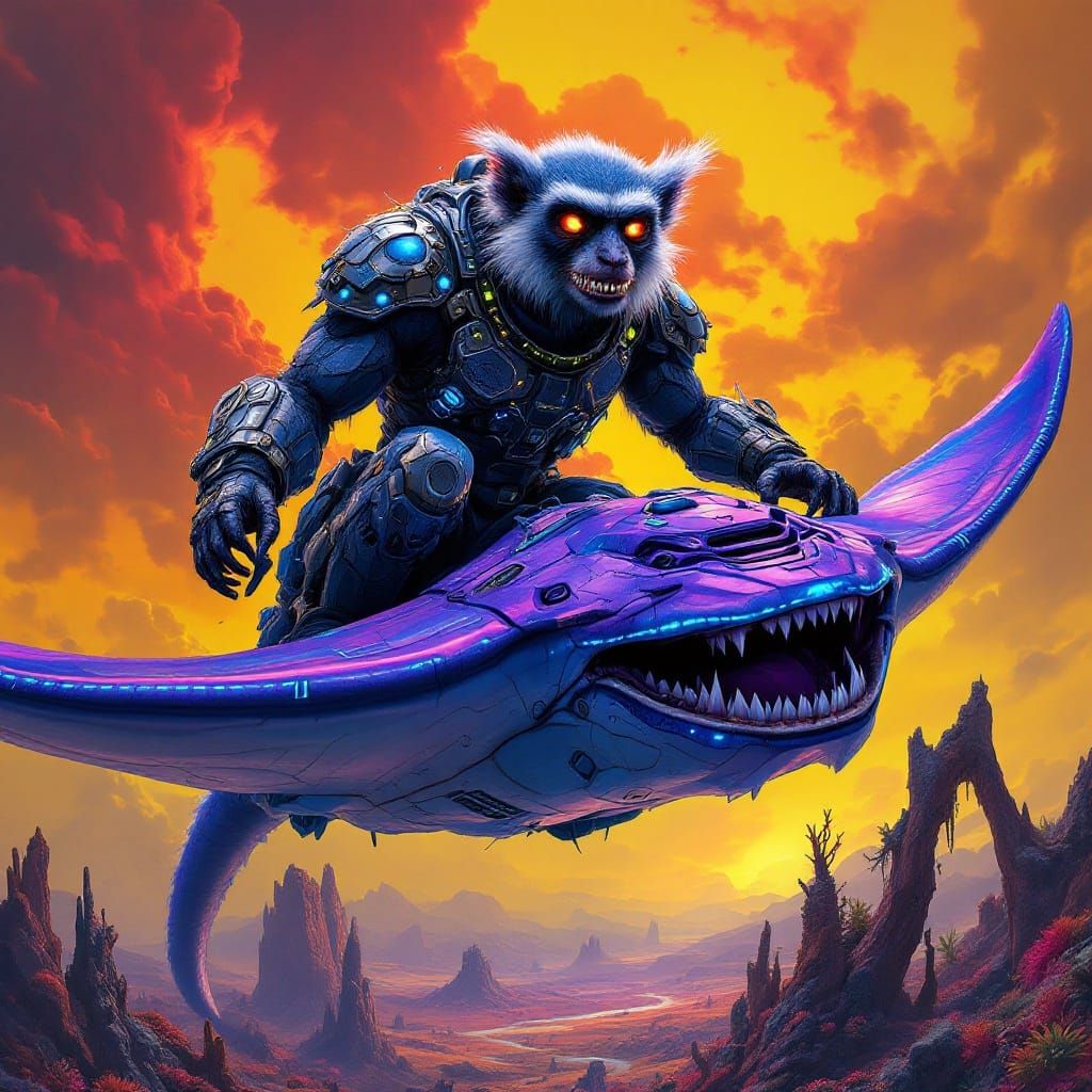 Cybernetic Lemur Rides Majestic Flying Manta Ray in a Gritty...