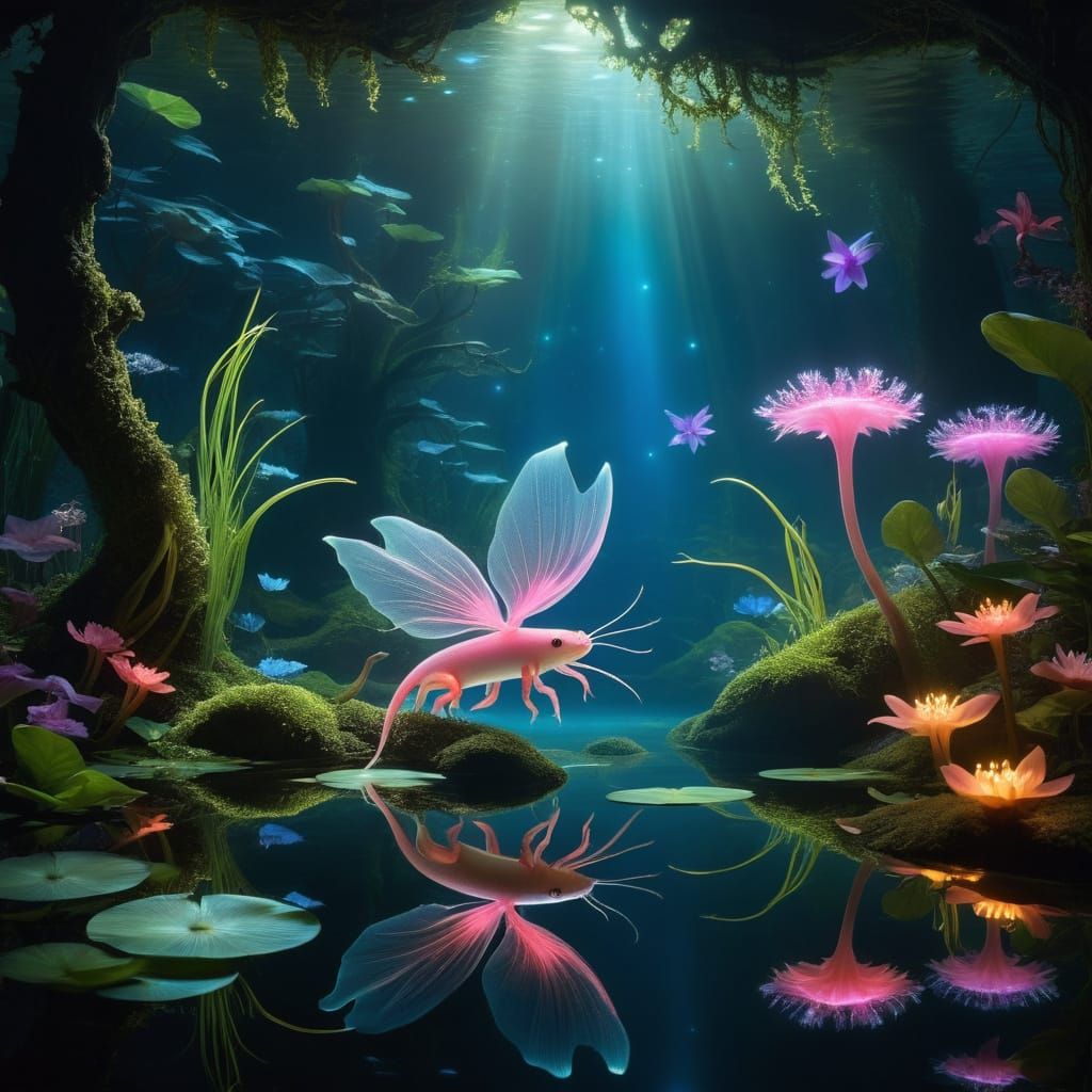 Ethereal Axolotl in a Bioluminescent Underwater Realm
