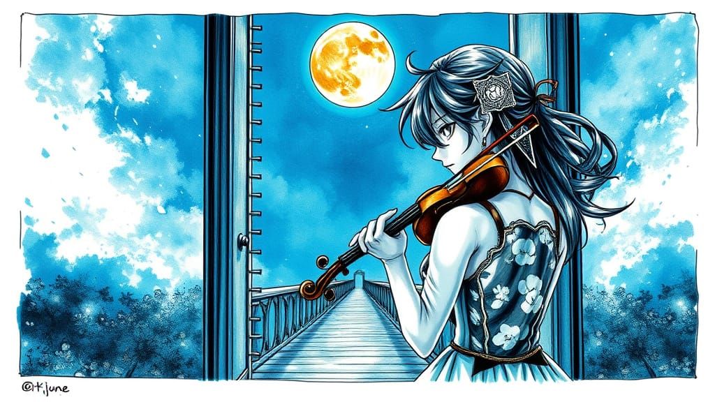 Detailed Ink Drawing of Moon Bridge and Violin