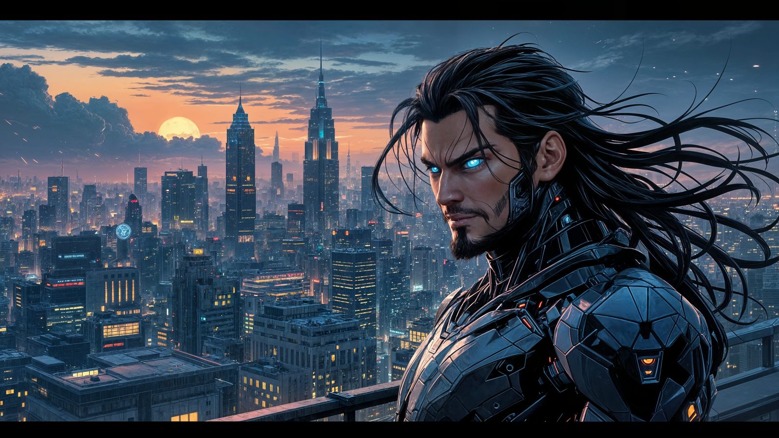 Cyberpunk Warrior Reveals Glowing Eyes in Dark Cityscape