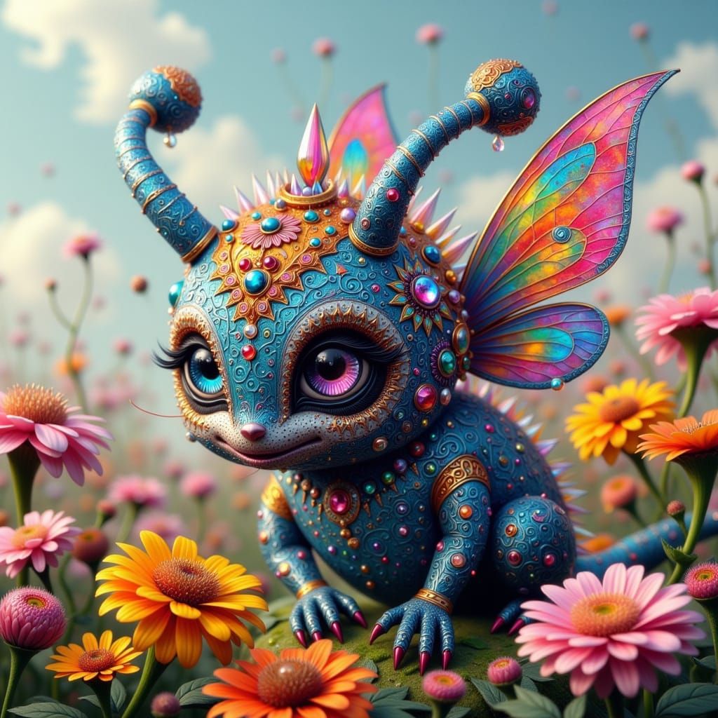 Vibrant Berry Monster in Whimsical Fantasy Landscape