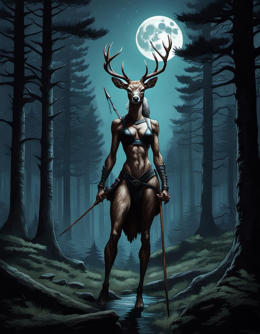 Anthropomorphic Deer Woman with Spear in Forest