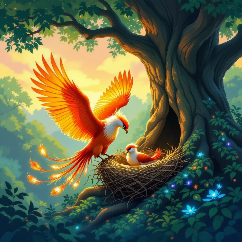 Majestic Phoenix Nurtures Fledgling in Enchanted Forest