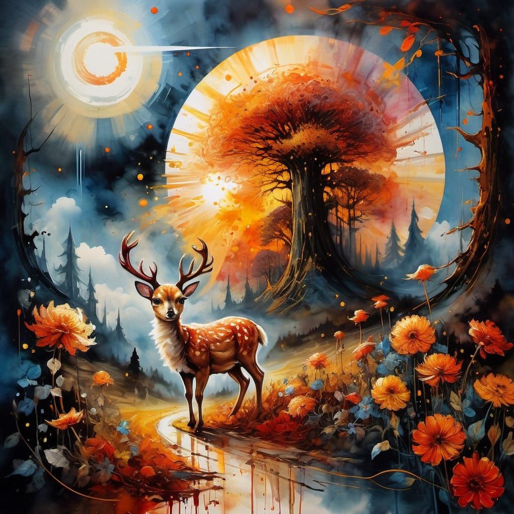 Enchanted Autumn Forest Deer in Watercolour Style