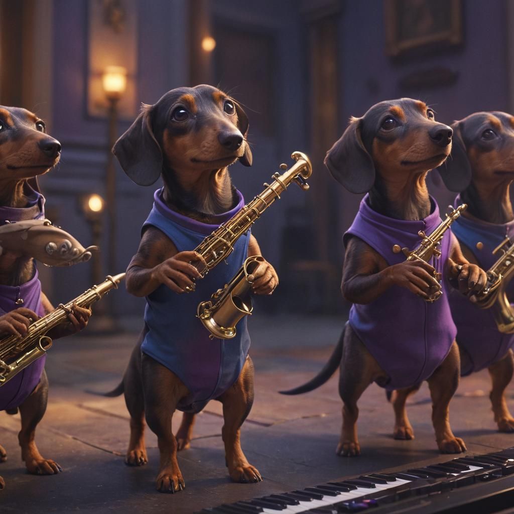 Dachshund Jazz Quartet: Vibrant Fantasy Concept Art