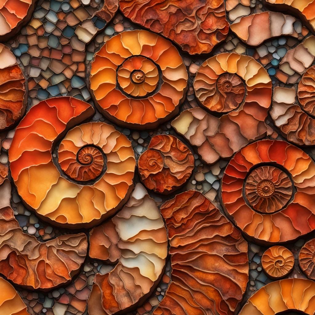 Junk Journal Background, 3d Shapes Mosaic Alcohol Ink, Charred Dirty Orange Ammonite Color Palette, 3d Shading, Deep De...