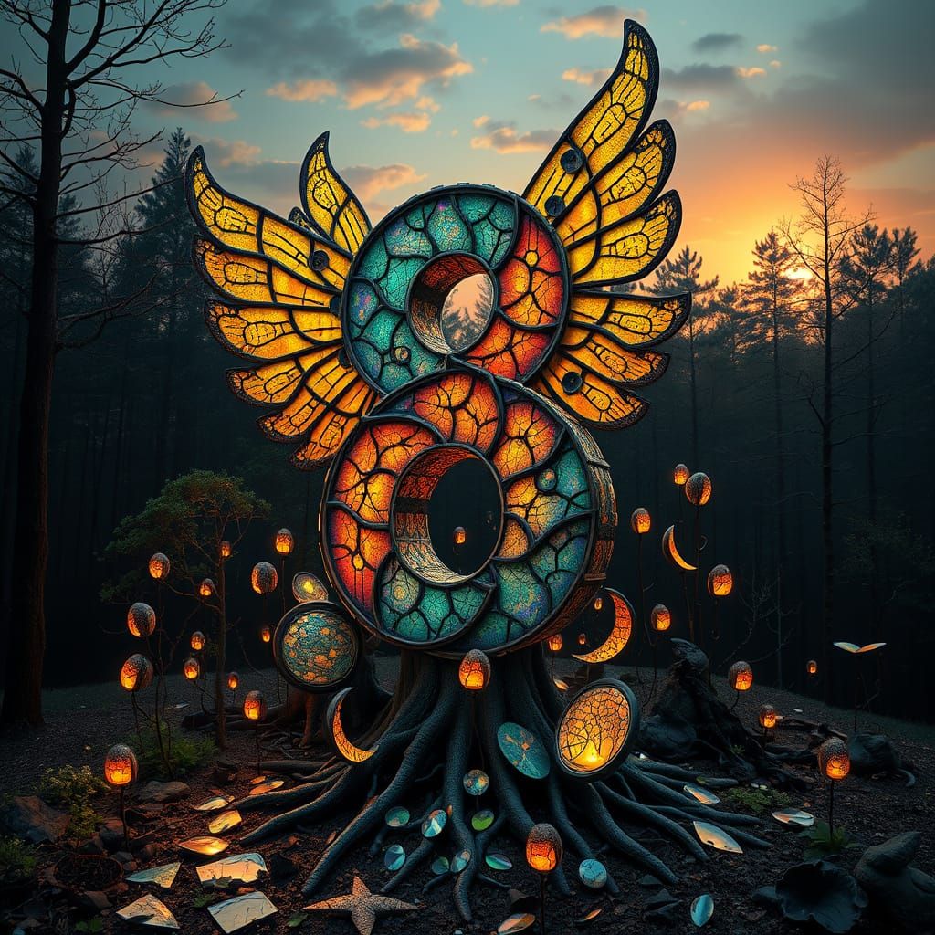 Surreal Sculpture of The Number 8 with Majestic Wings and In...