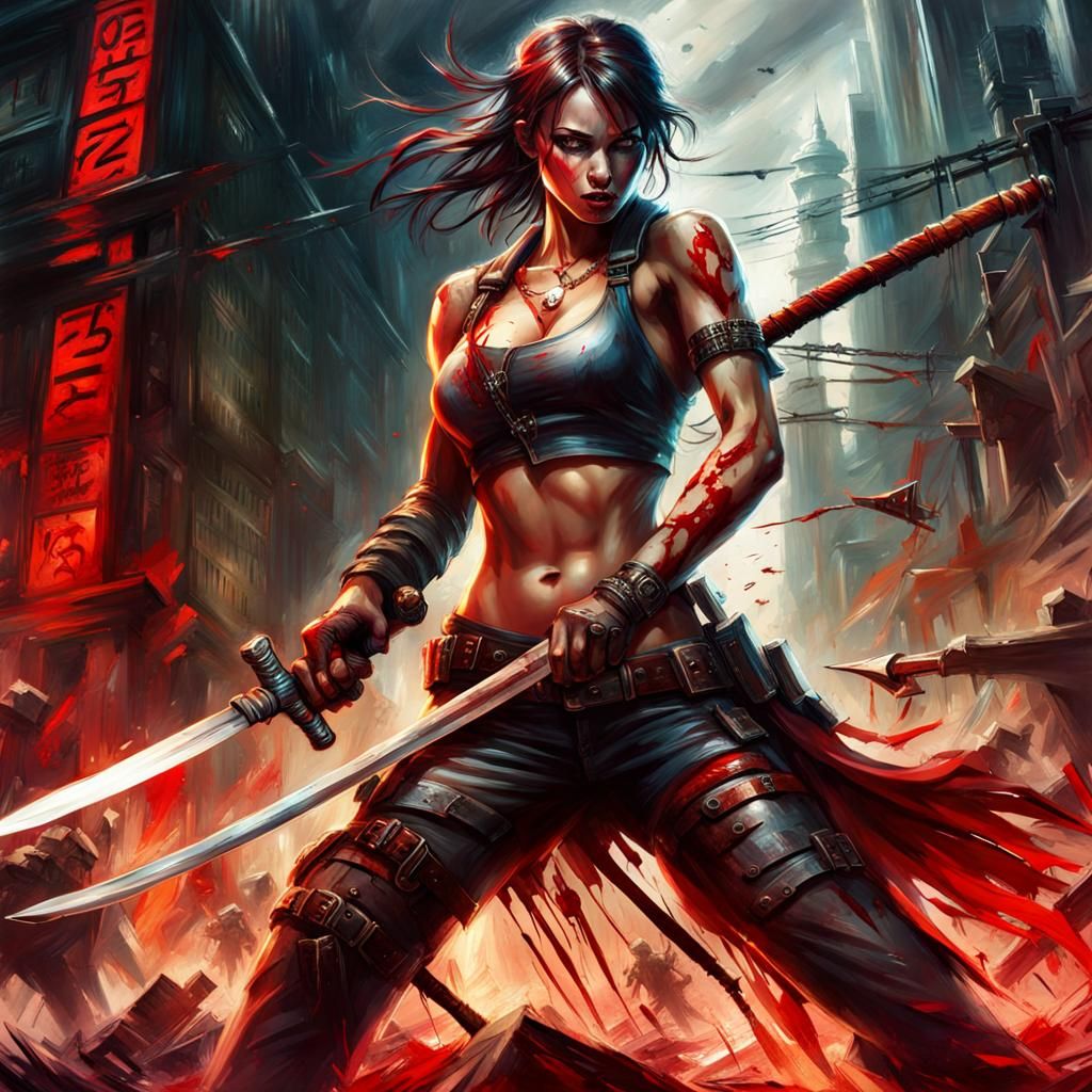 Strong Woman Survivor Slaying Zombies in Zombiecore Style