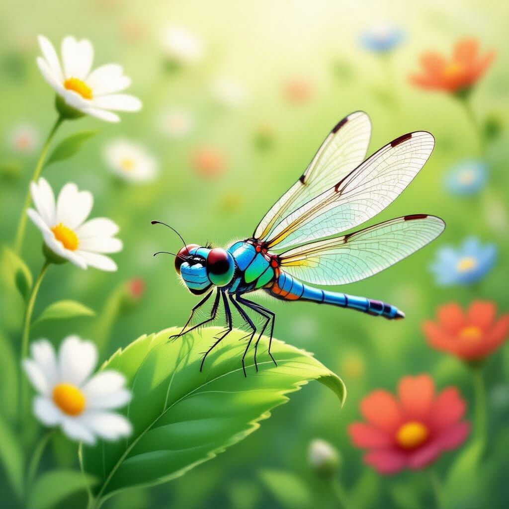 Whimsical Dragonfly on Leaf in Flower Meadow