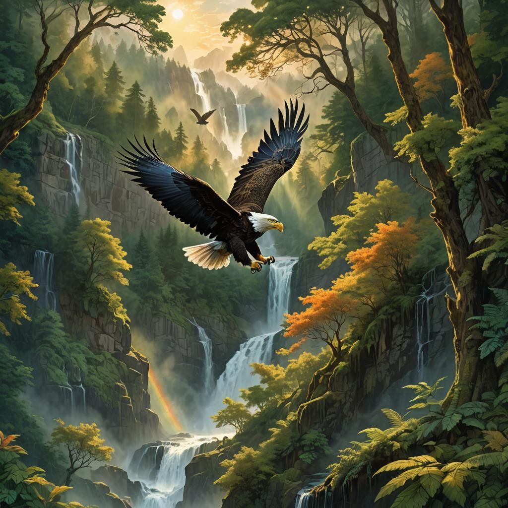 Bald Eagle Soaring Through Waterfall Valley