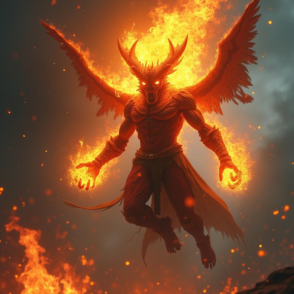 Inferno Humanoid Soaring Through Darkened Skies