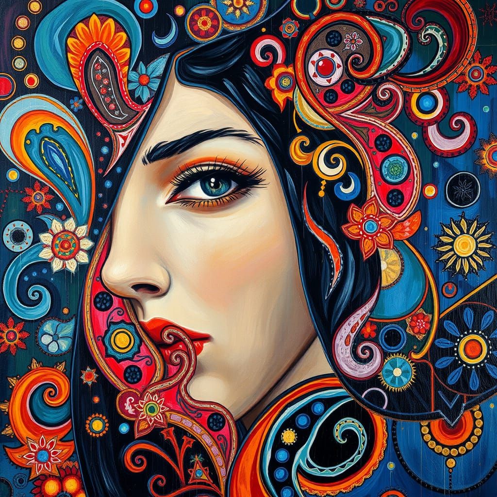 Neo-Expressionist Portrait with Textured Paisley Patterns