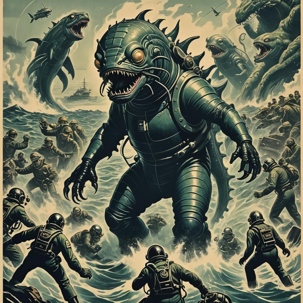 Giant Sea Monster Attacks Divers: 1950s Sci-Fi Style