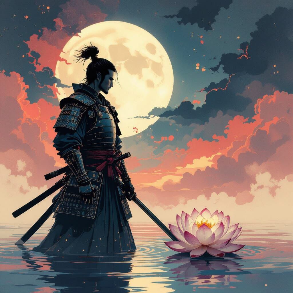 Samurai Under Moonlit Lotus in Surreal Ink Sky