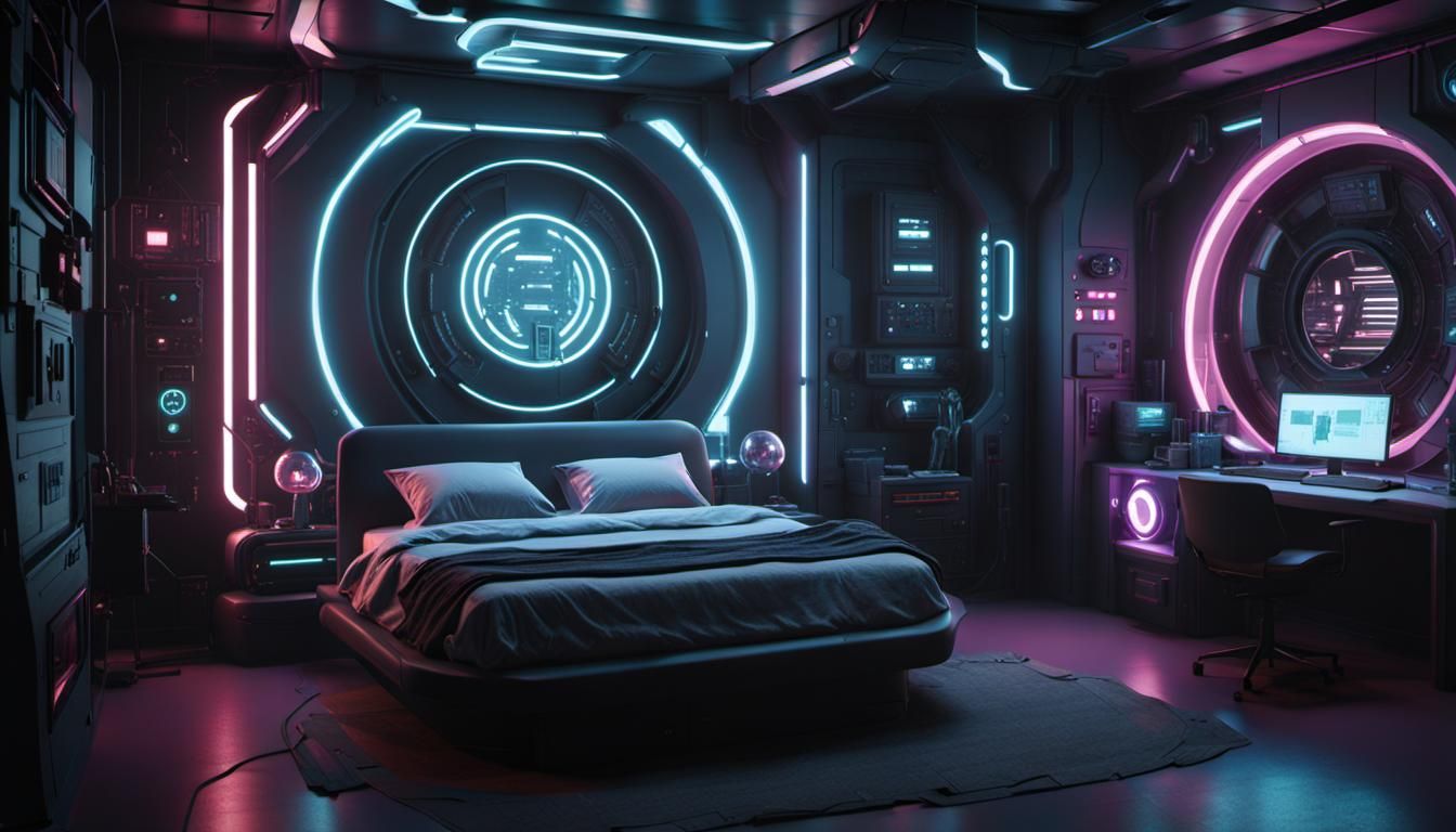Cyberpunk Bedroom with Retro Sci-Fi Furniture