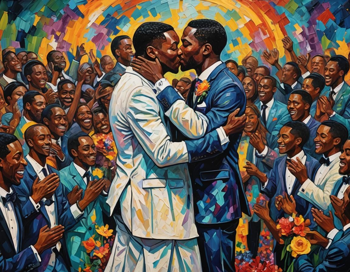 Grooms' Kiss: A Colorful Neo-Impressionist Wedding