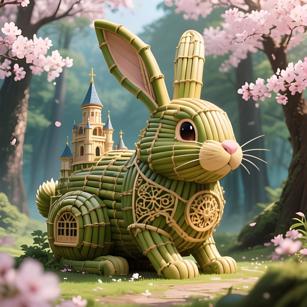 Anime Bamboo Rabbit Castle Amidst Sakura Trees