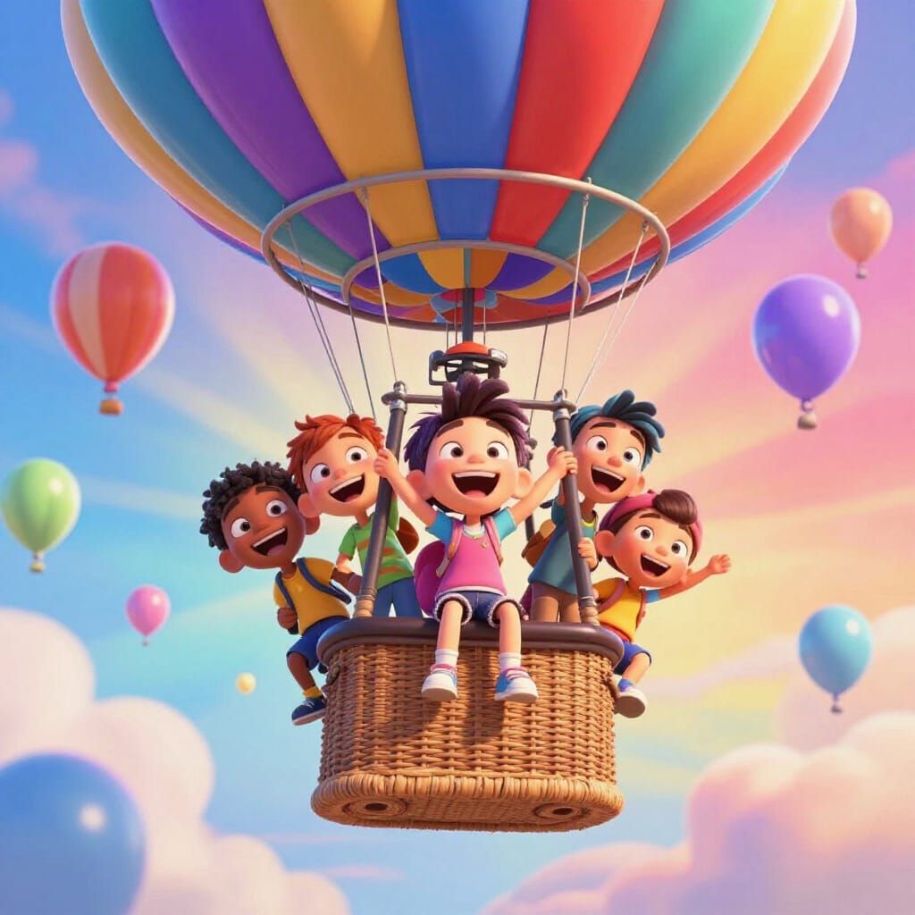 Children's Joyful Hot Air Balloon Adventure in Animation Sty...