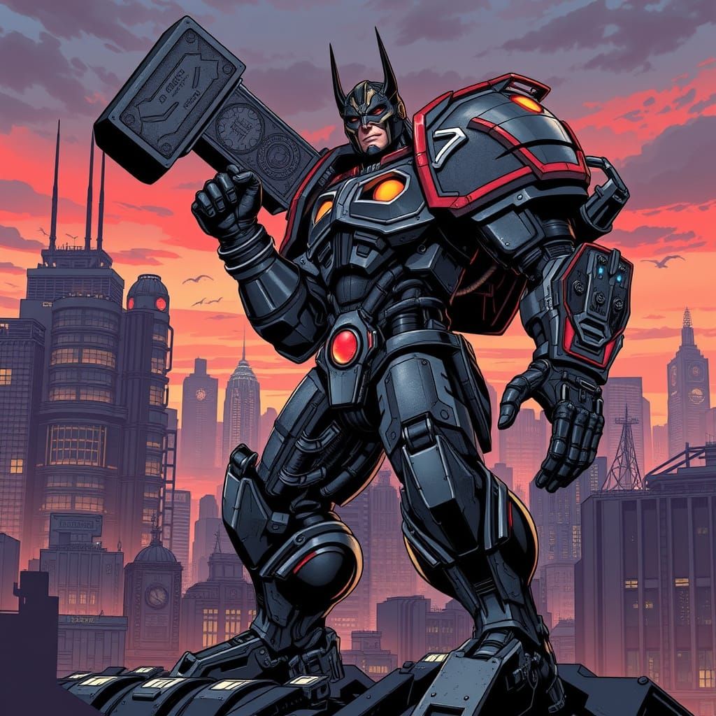 Cyborg Knight in Gritty Futuristic Metropolis