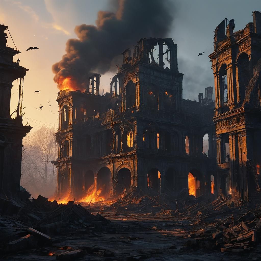 Dark Fantasy Cityscape Rises from Ashes in Golden Sunset