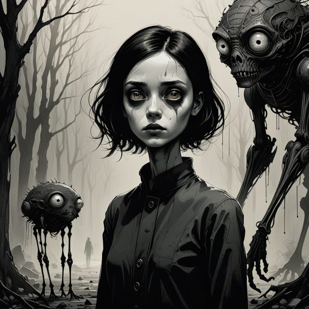 Somber Surreal Woman and Creature in Charcoal Sketch Style