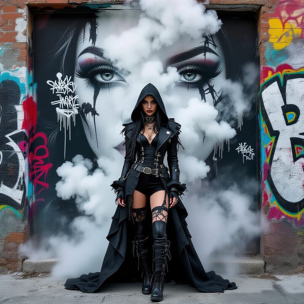 Cyber Goth Model Against Street Art Mural