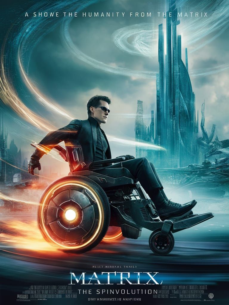 Neo in Futuristic Wheelchair: Matrix Movie Poster