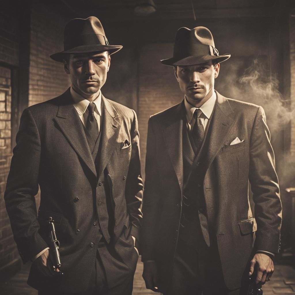 Gangsters with Tommy Guns in Film Noir Style