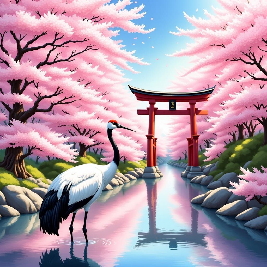 Surreal Cherry Blossom River Scene with Majestic Red-Crowned...