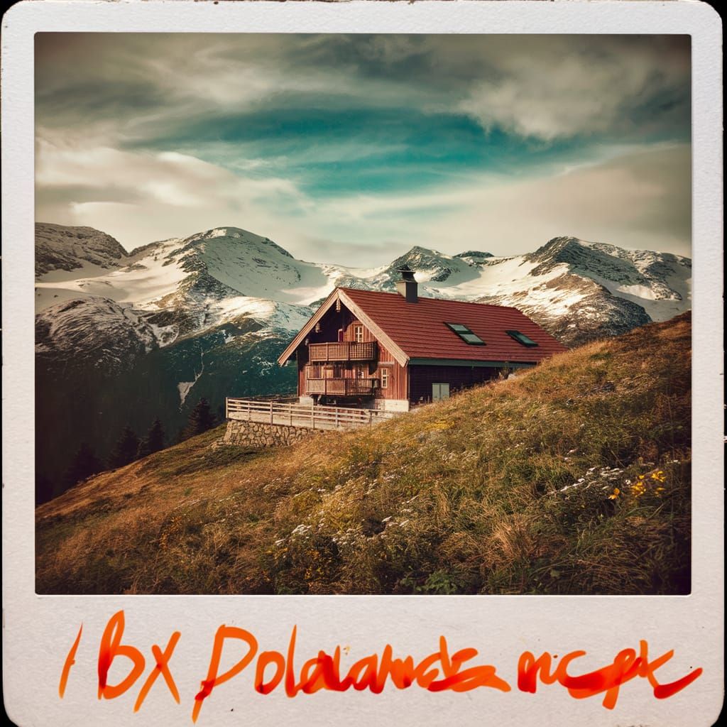 Nostalgic Polaroid of Chalet in Alpine Meadow