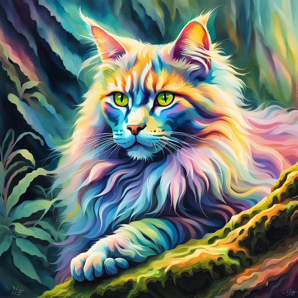 Psychedelic Pastel Cat in Dreamy Forest Scene