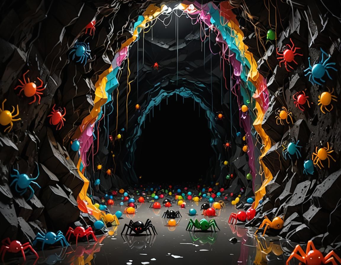 Cute Spiders Emerge in Moody Cave, Detailed Rendering