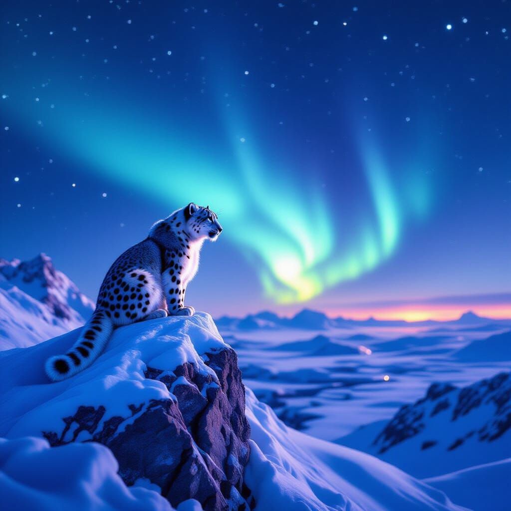 Snow Leopard on Icy Peak Under Aurora Borealis