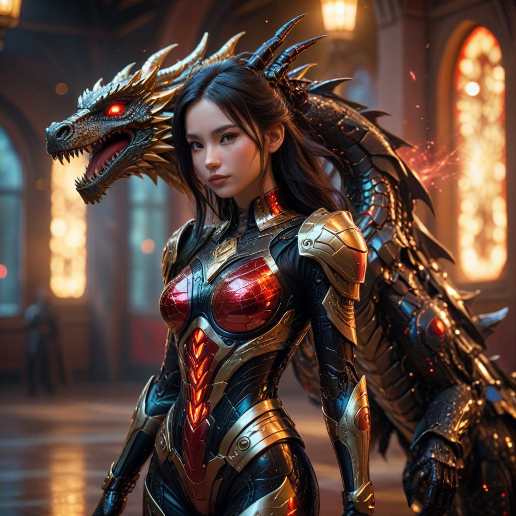 Elegant Cyberpunk Character with Mech-Dragon