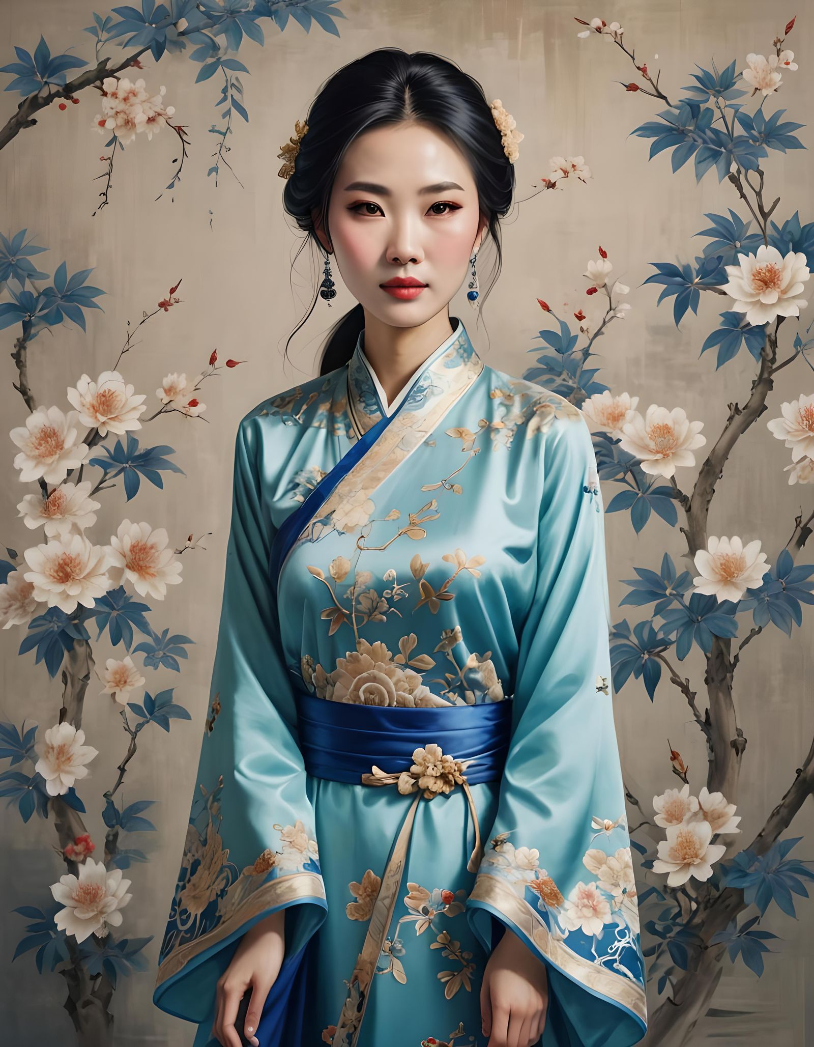 Beautiful Chinese Woman in Traditional Blue Dress Portrait