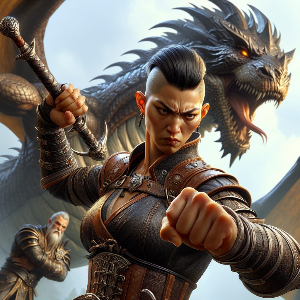 Furious Female Cleric Strikes Dragon with Mace