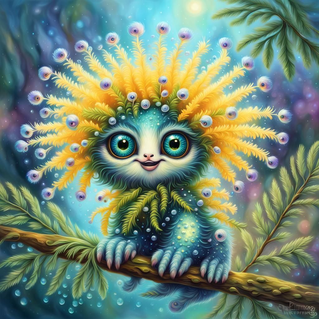 Fuzzy Mimosa Creature with Big Eyes, Hyperdetailed Painting