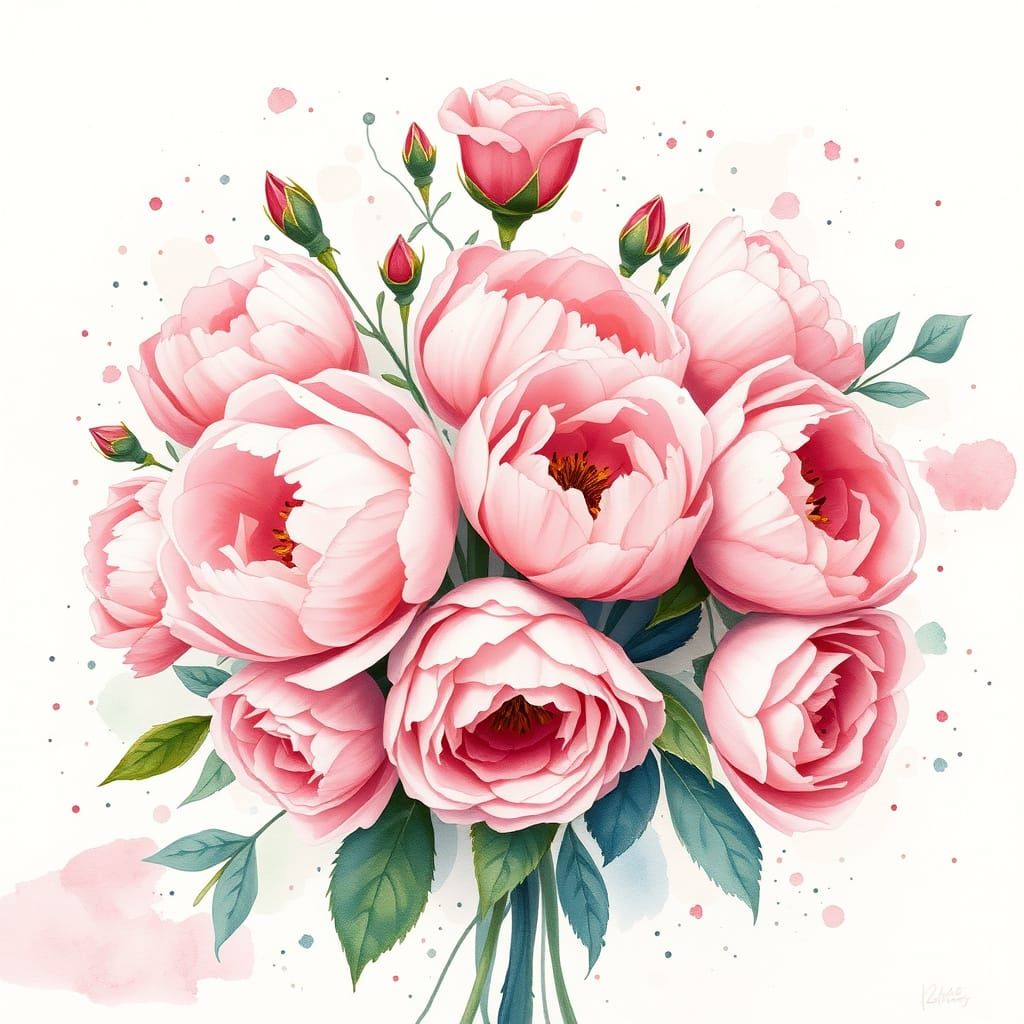 Whimsical Watercolor Bouquet of Pink Peonies and Roses