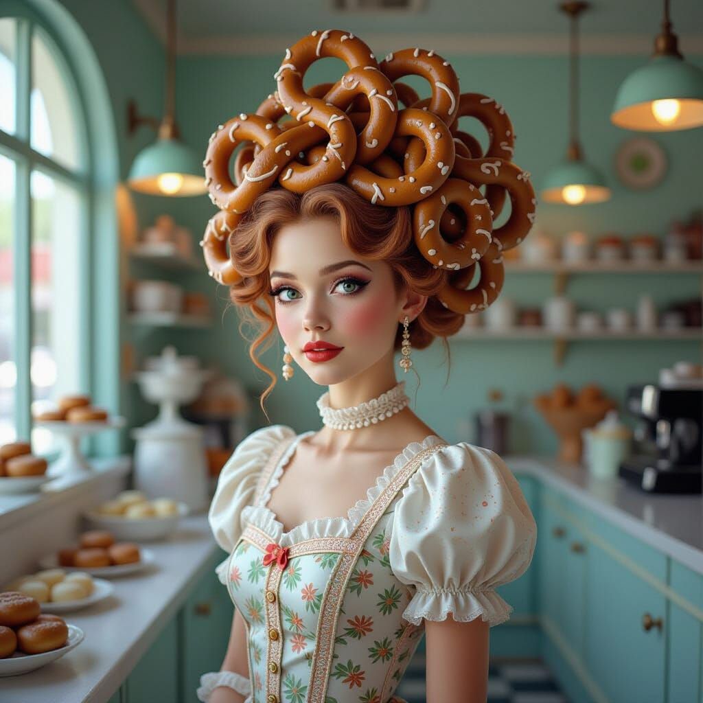 Pretzel Hair Woman in Surrealist Pop Art Style