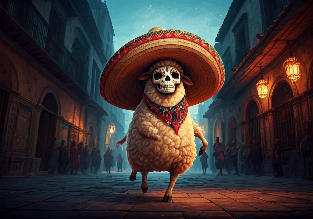 Festive Sheep Dances in Mexican City, Matte Painting
